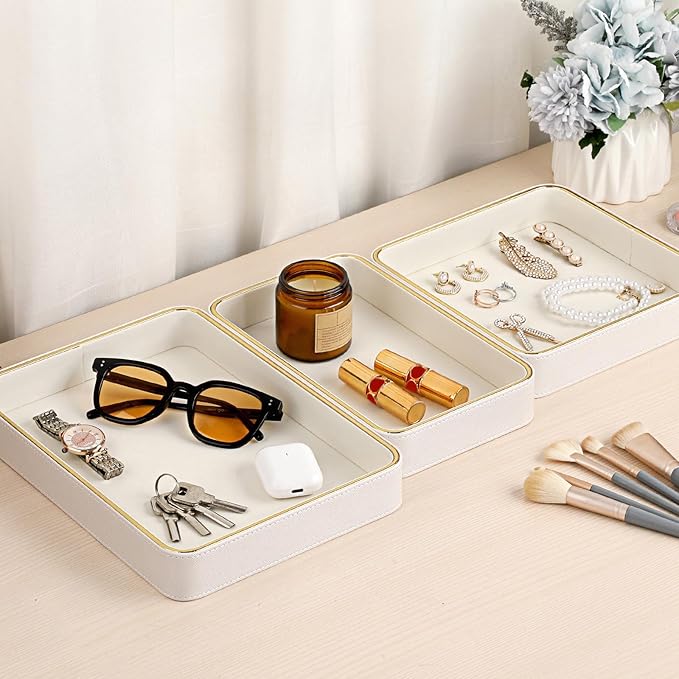 Hipiwe Decorative Perfume Tray PU Leather Valet Trays Bathroom Vanity Tray Catchall Trays Bedside Nightstand Organizer for Dresser Earrings Trinket Jewelry Holder, 9.5" x 6.1" x 1.5"