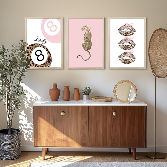 Pink Leopard Wall Art Decor Cheetah Trendy Poster Preppy Aesthetic Canvas Room Decor Pictures Coquette Y2k Wall Art 8 Ball Prints Pink Fashion Bow Artwork for Girls Bedroom 16x24x3 Inch Wood Framed