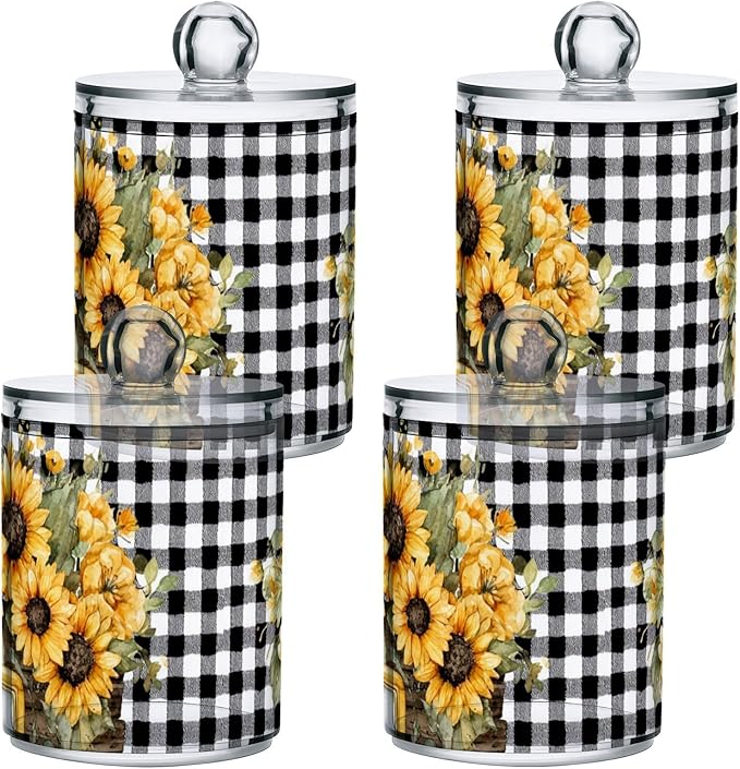 2 Pack Apothecary Jars Yellow Truck with Sunflowers Bathroom Vanity Storage Organizer Set,Small Clear Plastic Storage Jars Bathroom Canister for Cotton Swabs, Rounds, Balls, Qtips,Makeup Sponge