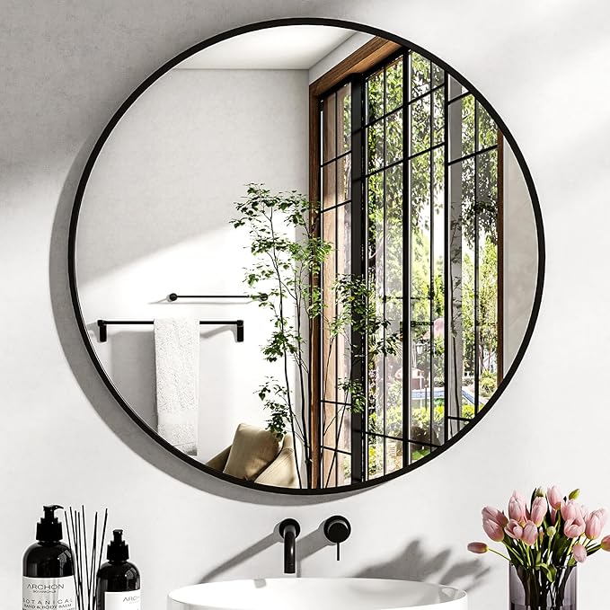XRAMFY 36 Inch Round Mirror - Circle Mirrors for Bathroom, Entryway and Living Room Wall Decor, Modern Hanging Vanity Mirror, Matte Black Circle Decorative Wall Mirror