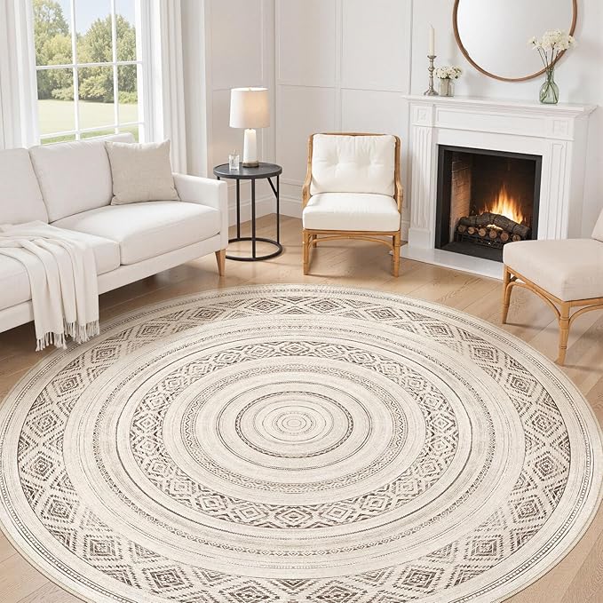 cotiled 8x8 Round Area Rug Living Room: Washable Boho Rugs with Non Slip Backing Large Soft Indoor Stain Resistant Carpet for Bedroom Farmhouse Dining Room Lightweight Home Decor Dark Brown