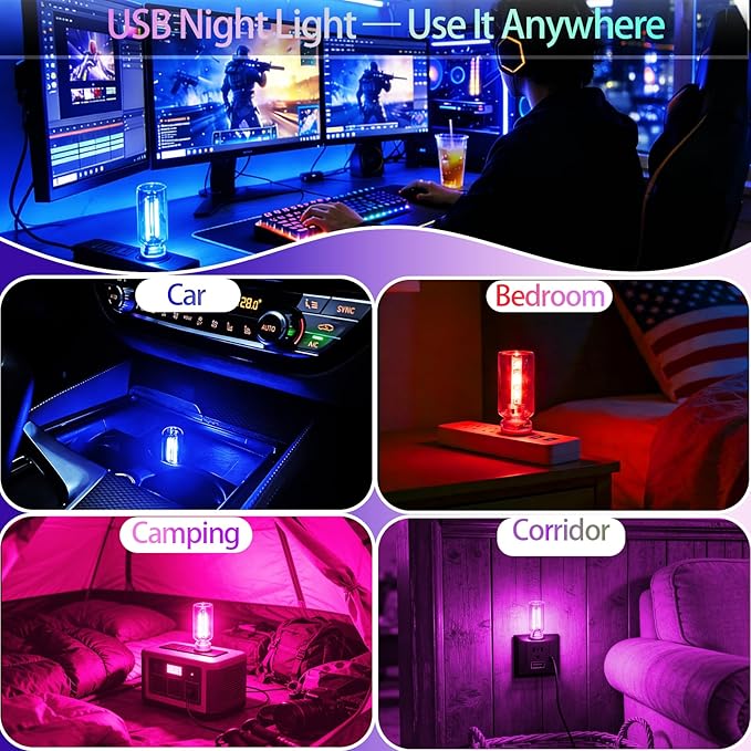 4 Pack USB Ambient Light Set,Mini Vintage Glass USB Night Lights with Touch Control & Dimmable, Plug in Car Interior Atmosphere Lamp for Bedroom,Laptop,Portable Mood Lighting(Red Blue Purple Pink)