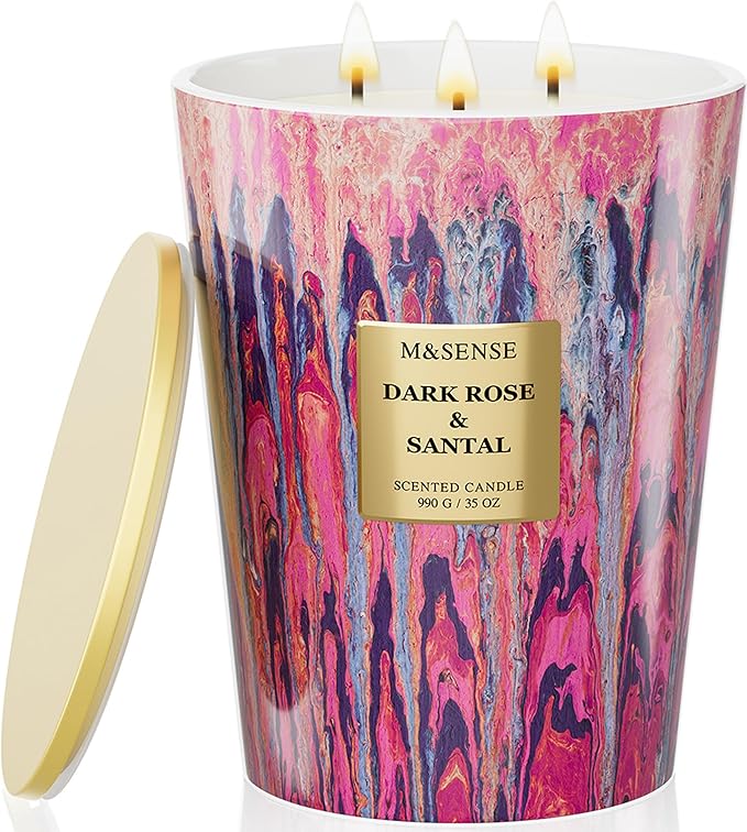 M&SENSE 3-Wick Dark Rose Scented Soy Large Candle, 35oz 150 Hours Non-Toxic, Luxury Romantic Floral Aroma Spring Candles, Valentines Mothers Day Gift for Her, Fancy Decorative Home Candle