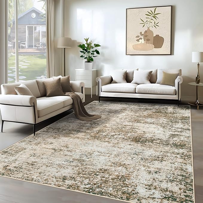 XLUEZ 6x9 Area Rugs for Living Room, Washable Modern Abstract Large Area Rug Neutral Soft Non Slip Kids Rug Stain Resistant Indoor Carpet for Bedroom Nursery Dining Room Playroom(Brown, 6'x9')