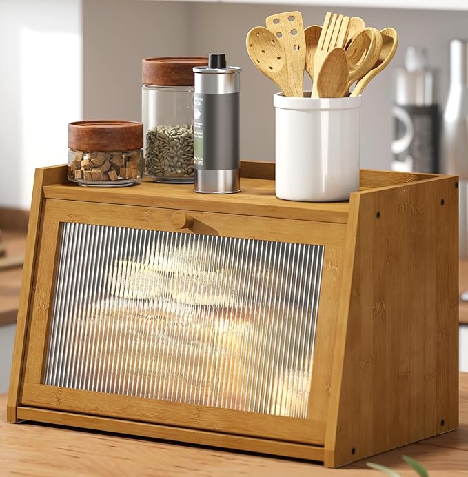 kiplant Bread Box for Kitchen Counter, Large Bamboo Bread Storage Container with Wavy Arcylic Door, Bamboo Wooden Farmhouse Bread Box for Your House (Brown, Medium)