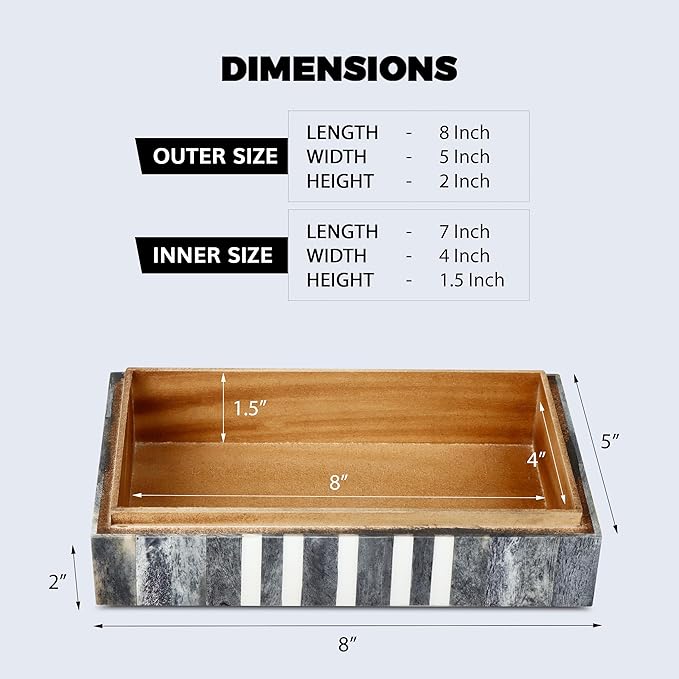 Handicrafts Home Small Decorative Storage Box with Lid, Patisserie Cafe Stripe Pattern Jewelry Keepsake Trinket Box Organizer, Bone Inlay Resin Wooden Coffee Table Dresser Box, Grey & White, 8x5x2