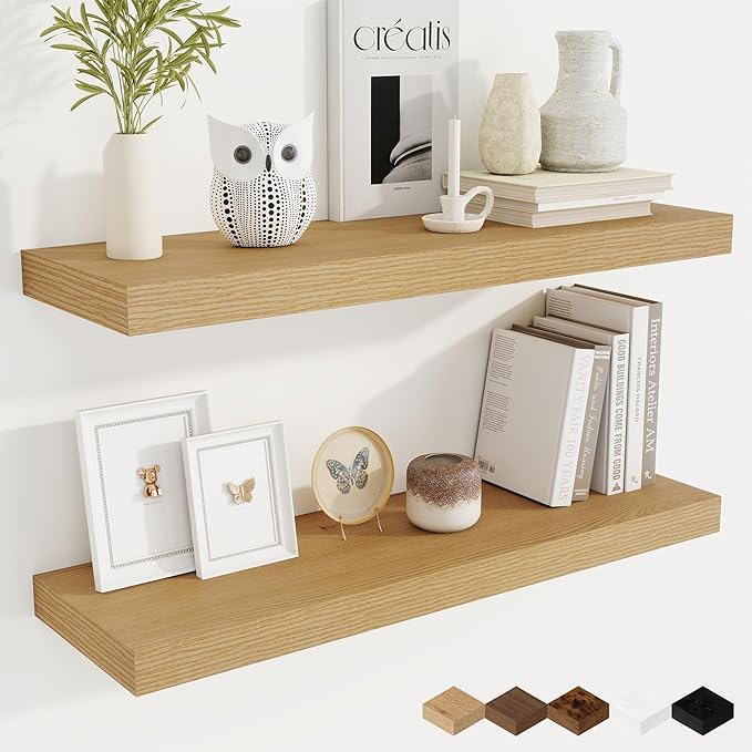 Fun Memories 9.3Inch Deep Floating Shelves for Wall, 32 Inch Rustic Wood Wall Mounted Shelves for Bathroom, Bedroom, Kitchen, Deep Floating Shelf for Storage & Home Decor (Oak, Set of 2)