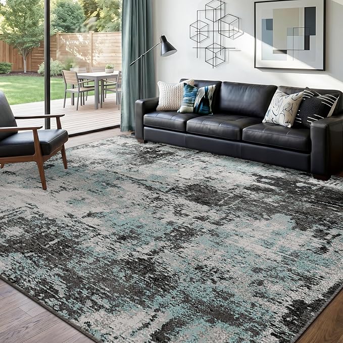 RELEANY Washable Area Rugs 6'x9' Non-Slip Modern Abstract Soft for Living Room Entryway Bedroom Nursery, Print Pattern, Blue Black Teal