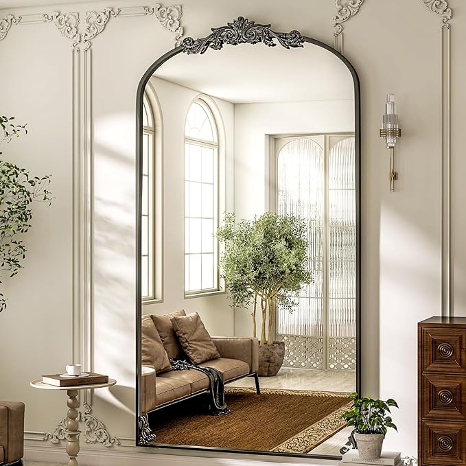 GLSLAND Vintage Mirror - 72"x 44" Full Length Mirror Large Carved Arched with Metal Frame Baroque Full Body Mirrors for Bathroom/Living Room/Entryway,Black