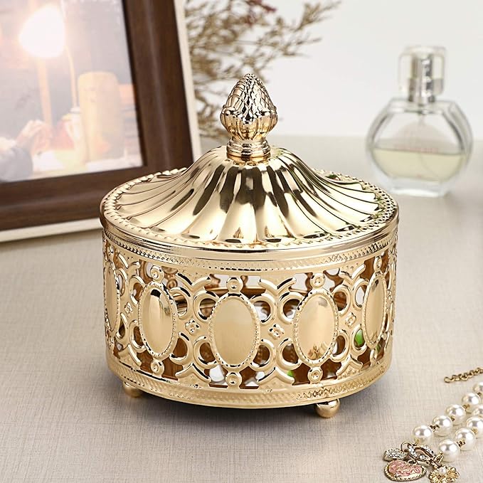 Hipiwe hollow out Metal Jewelry Box with Lid - Gold Mirrored Jewelry Trinket Organizer Ring Earrings Necklace Home Decor Storage Box, Chest Keepsake Gift Box for Women