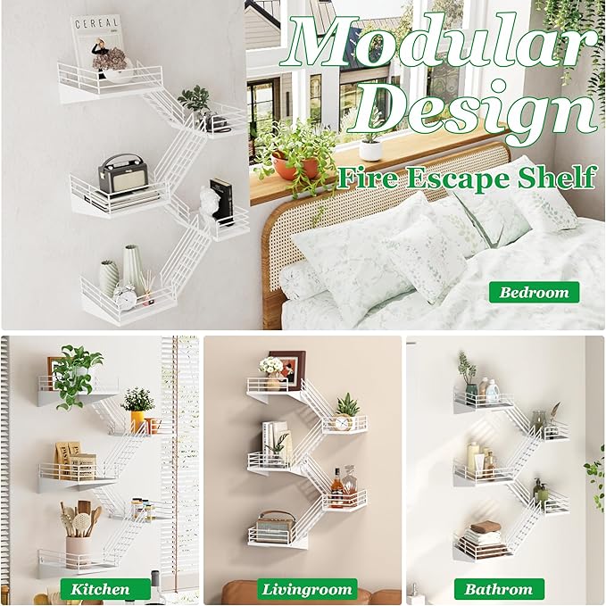 Fire Escape Shelf - 5 Tier Large White Metal Fire Escape Wall Shelves with Baskets, New York Action Figurine Display Shelf, Unique Rustic Floating Decorative Wall Shelves for Home