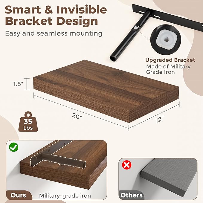 12 Inch Deep Floating Shelves for Wall, 20 x 12 Rustic Wood Grain Bathroom Shelves with Invisible Brackets, Easy Install Wood Storage Shelves for Kitchen, Living Room, Bedroom, Walnut, Set of 2