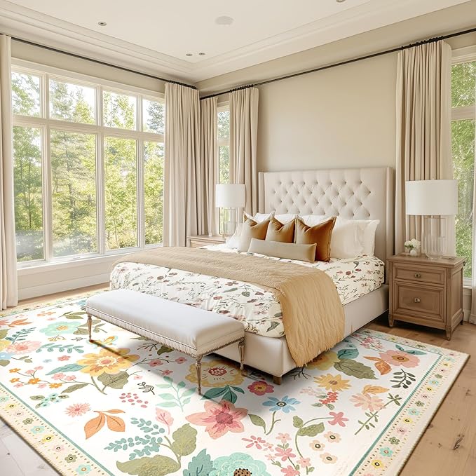 RELEANY Floral Nursery 9x12 Area Rugs Washable Print Boho Cute Carpet Non Slip Flower Low Pile for Living Room Kids Girls Playroom Bedroom Kitchen Office Farmhouse-Beige/White/Orange