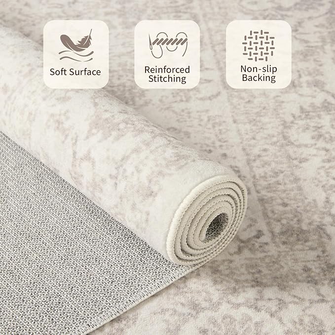 Rugxara 10x14 Washable Area Rug for Living Room, Extra Large,Green Vintage Floral Boho Rugs for Dining Room, Farmhouse, Durable Low Pile Non Slip Carpet for High Traffic Areas, Light Brown