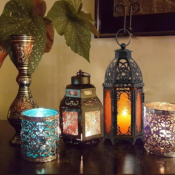 DECORKEY Moroccan Lanterns Decorative Indoor & Outdoor, 11’’ Medium Size Vintage Metal Hanging&Tabletop Candle Holder Decor, Halloween Christmas Ramadan Decorations for Home Porch Patio (Amber)