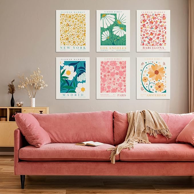 Habseligkeit Flower Market Posters for Room Decor Aesthetic, Danish Pastel Room Decor, Floral Wall Art Prints for Girs Dorm Aesthetic Decor Unframed, 8x10in, Set of 6