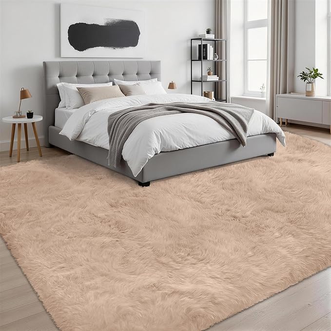 8x10 Area Rugs for Living Room Bedroom: Ultra Soft Fluffy Shag Rug Upgrade Non-Slip Non-Shedding Large Fuzzy Plush Carpet Indoor Floor Carpets for Kids Room Playroom Nursery Dorms Home Decor Beige