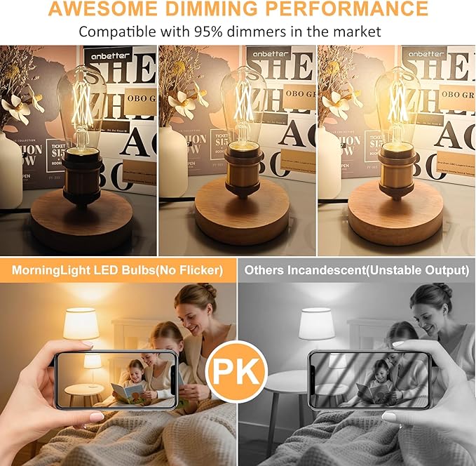 MorningLight 12 Pack Dimmable Vintage LED Edison Bulbs 60Watt, E26 LED Edison Bulbs 60 Watt Warm White 2700K, ST58 Antique Decorative Filament Bulb 6W for Farmhouse Pendant, Porch Lights, 600LM