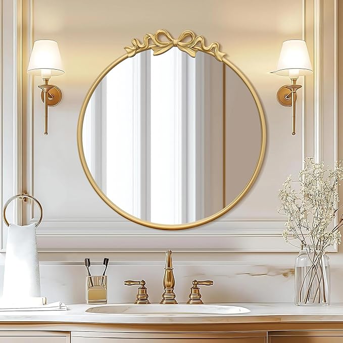 Besdomus Vintage Gold Mirror: 27" Bow Round Wall Mounted Mirror - Baroque Traditional Ornate for Entryway/Fireplace/Bathroom/Hallway - Home Decor for Fashion-Conscious
