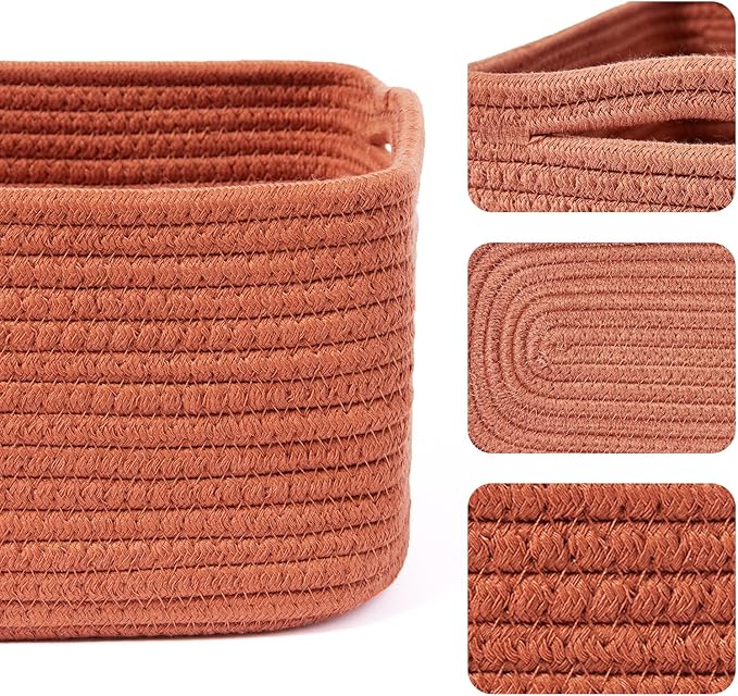 MiniArk Small Storage Baskets for Organizing | Closet Organizer Bins | Shelf Toy Basket | Woven Rope Baskets | Cube Decorative Box | Shallow Basket | 13x8.5x5.1” | 4 Packs Oxide Red