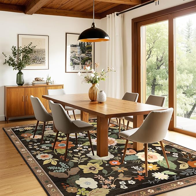 RELEANY Floral Nursery 9x12 Area Rugs Washable Print Boho Cute Carpet Non Slip Flower Low Pile for Living Room Kids Girls Playroom Bedroom Kitchen Office Farmhouse-Black/Yellow/Red