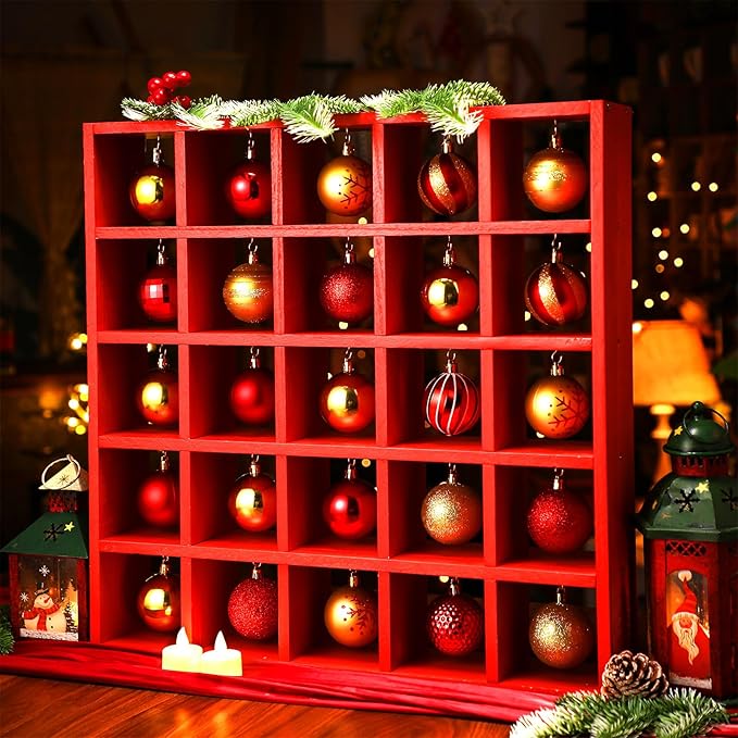 Cinnvoice Christmas Holiday Ornament Displays Rack Wooden Hanging Stand Holder Hanger for Christmas Ball Display Shelf Cabinet for Craft DIY Wall Decorations Gift (Red,25 Compartment)