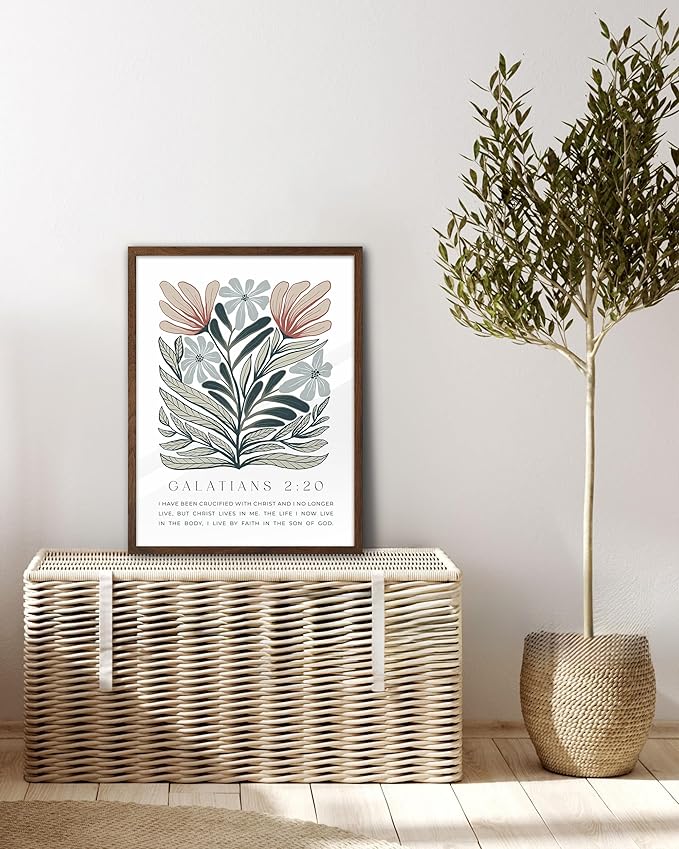 EcoHest Bible Verse Floral Framed Wall Art, 12x16 in Walnut Color OAK Wood Boho Abstract Flowers Canvas Wall Art, Galatians 2:20 Home Decor, Beige Logs Boho Christian Set of 1 for Bedroom Living Room