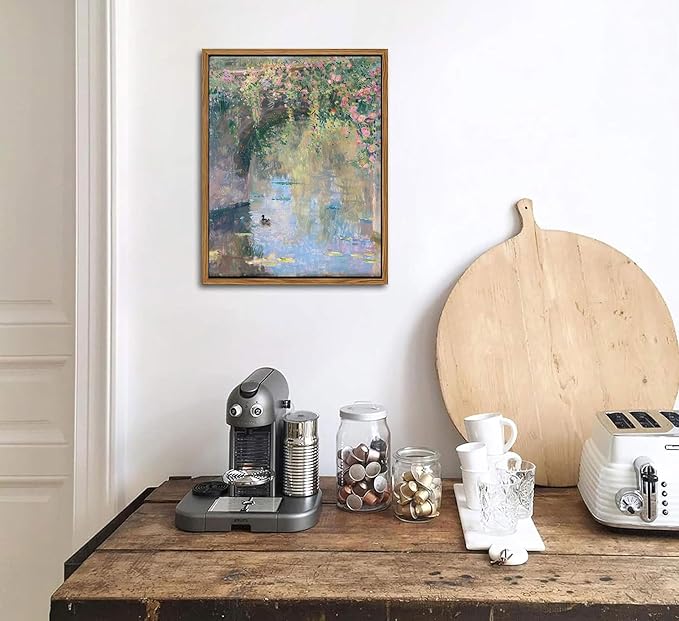 Framed Canvas Wall Art Vintage Country Wall Decor Impressionist Floral Pastel Oil Paintings Vintage Duck Water Print Rustic Bridge Nature Picture for Bathroom Bedroom Kitchen Living Room Farmhouse