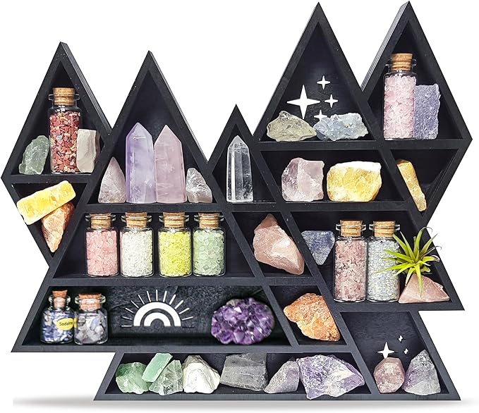 Mountain Crystal Shelf Display for Wall, Wooden Triangle Rock Gem Stone Storage Holder, Meditation Room Decor Spiritual Gift, Wall Hanging Organizer for Trinkets, Knick Knacks, Art Collections
