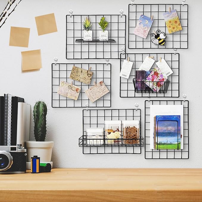 6 Pack 16 x 12 Inch Black Wall Grid Wire Panel with Accessories 1 Black Hanging Wire Basket, 1 Shelf, 1 Hook Rack, 2 Letter Sorter Shelf, 20 Clips, 12 Non Trace Nail, 2 Hemp Rope, Photo Home Decor
