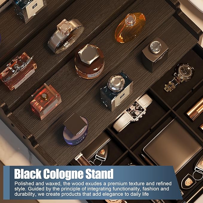 4 Tier Cologne Organizer for Men, Black Wooden Perfume Organizer with Drawer Storage, Perfume Display Shelf for Cologne, Watch, Grooming and Figures, Perfect Birthday/Easter Gift for Lovers & Fathers