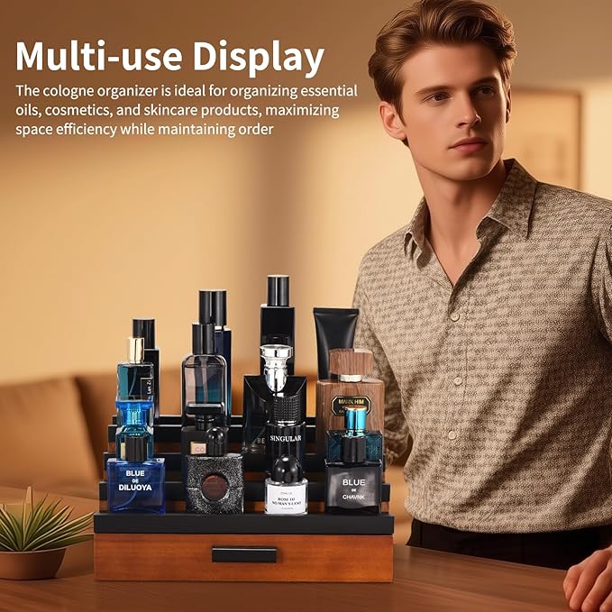 Perfume Organizer for Men, 4 Tier Wood Perfume Display Stand with Velvet Lining Drawer and Hidden Compartment for Watch,Jewelry,Perfume Display Risers,A Gift for Men (Black+Walnut)