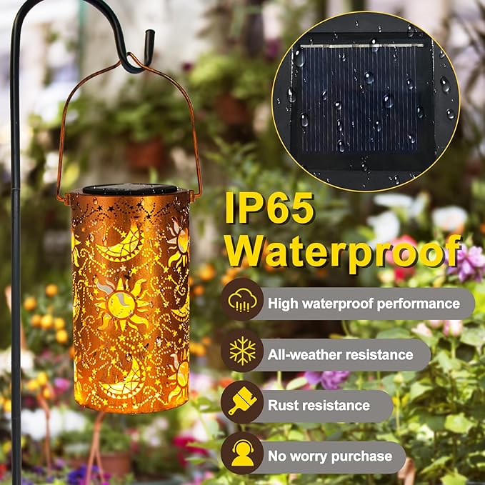DIBIEECN Mothers Day Gifts for Mom, Birthday Gifts Grandma Ladies Solar Lanterns Outdoor Hanging Hollowed-Out Metal Waterproof LED Garden Decor Outside for Patio Yard Porch, Sun and Moon, 1 Pack