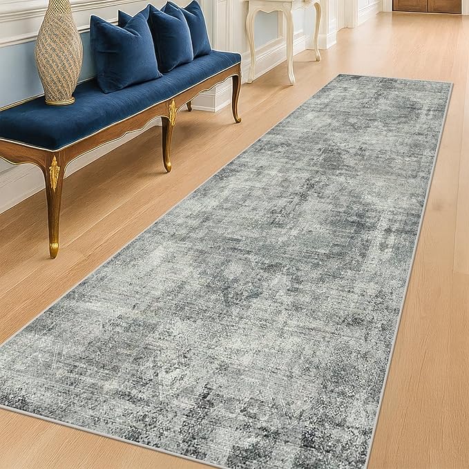 Hazo Haus 2'6"x8' Hallway Runner Rugs Non Slip, Modern 8ft Long Rug for Kitchen Floor, Entrance, Farmhouse Medallion Abstract Indoor Décor, Low Pile Stain Resistant (Slate Blue)