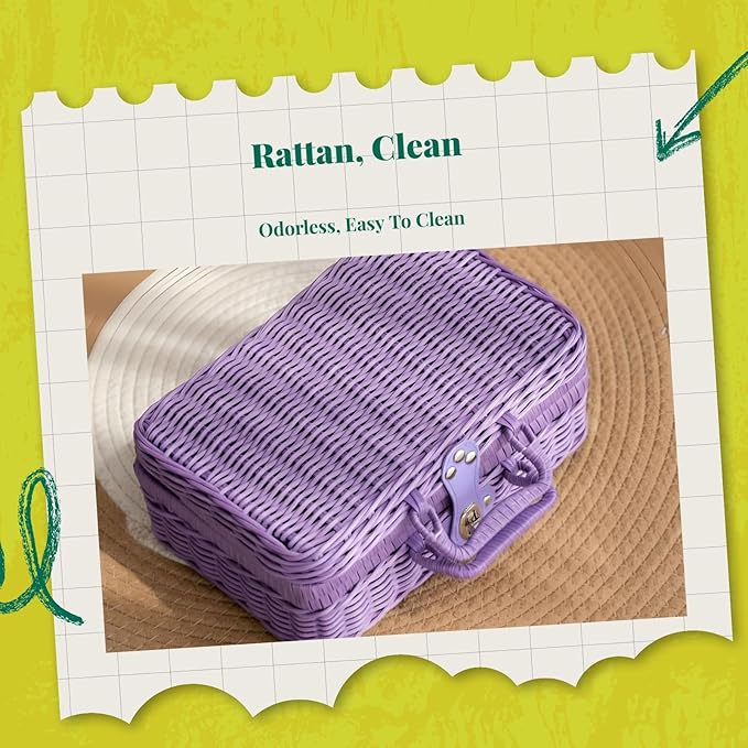 Woven Suitcase Imitation Rattan Storage Basket Gift Box Rustic Picnic Suitcase Handwoven Storage Case for Travelling Bathroom, Violet XL