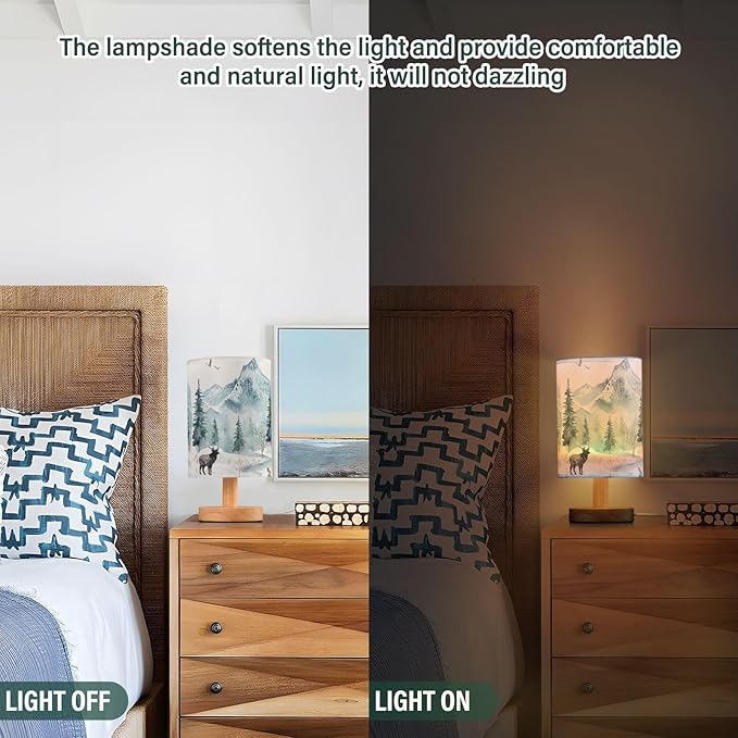 Table Lamp Watercolor Winter Forest Tree Animal Mountain Bear Deer Owl Nightstand Lamp with Wood Base Fabric Lamp Shade Bedside Desk Lamp for Living Room Bedroom Kids Room Office