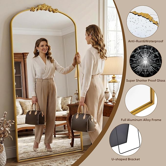 Antok Arched Full Length Mirror, 90"x46" Floor Mirror with Carved, Full Body Mirrors for HomeDecor, Standing/Halling Large Wall Mirror for Bedroom, Living Room, Cloakroom, Gold, Retro Style