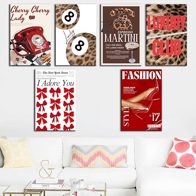ZxXzkwpP Red Cheetah Print Room Decor Poster, Trendy Fashion Leopard Print Wall Art Aesthetic Lucky 8 Ball Poster Coquette Preppy Y2k Red Funky Art For Bedroom (16x24x6 Framed)