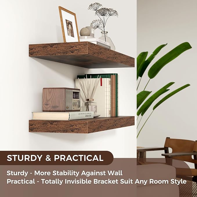 Venusmiles Floating Shelves for Wall, Engineered Wood Wall Shelves with Invisible Brackets for Living Room Bedroom Bathroom Office Kitchen Decor and Storage (Brown, 24" W x 9" D x 1.5" H) Set of 2