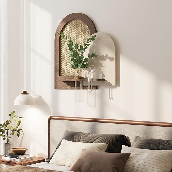 Troartos 3D Textured Boho Wall Decor with Shelf, Neutral Beige Brown Woven Rattan Sandstone Wall Art, Minimalist Arched Artwork for Living Room, Hallway, Kitchen, Bedroom, Office, 24x24 Inch