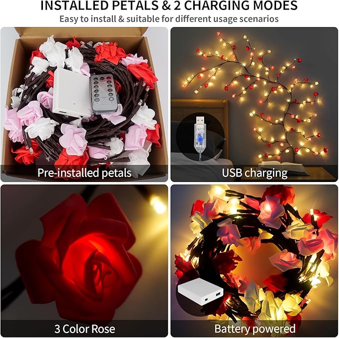 FNHMSL Rose Blossom Enchanted Willow Vine Lights, 7.55FT 144LED 3 Color Rose Blossom Tree Branch Lights for Wall, Remote Timer,8 Light Model,Bedroom Wall Doors Wedding, Christmas, USB Battery Box