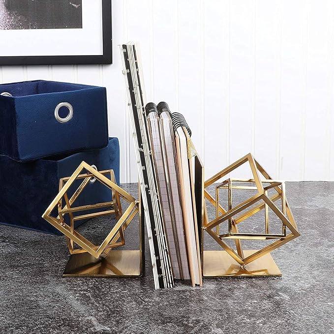 Juvale Gold Bookends - Heavy-Duty Metal Book Ends for Bookshelf Decor - Geometric Square Style for Decorative Books Display for Coffee Table & End Table Decor - 5 x 6 x 3 in, Pack of 2