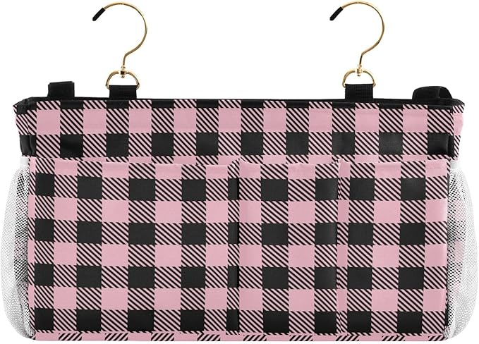 Buffalo Plaid Check Pink Print Bedside Caddy Storage Bag Bedside Organizer for Bunk Bed Headboards College Organizer Caddy Hanging Shelf 6 Pockets with Hooks for Drinks Magazine Phone Holder