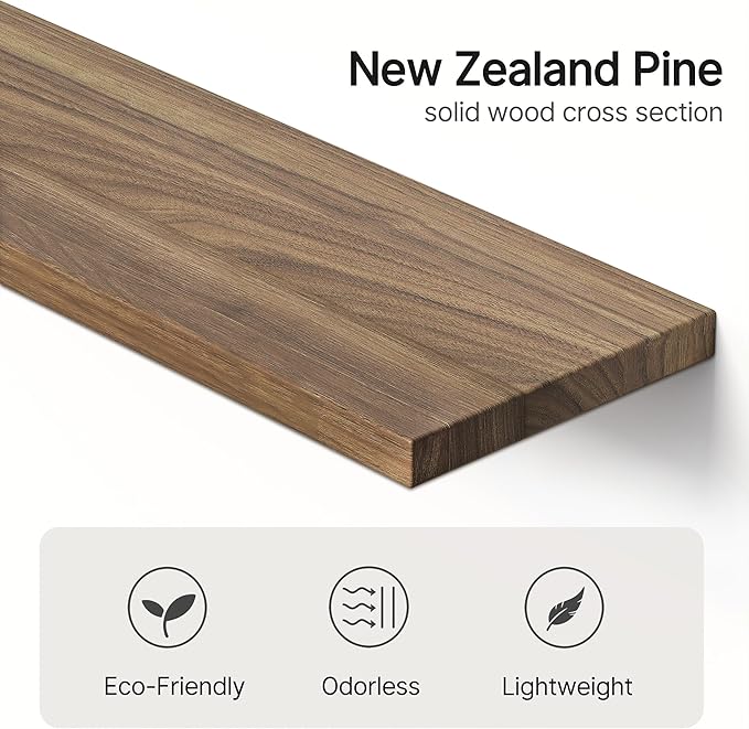 Upgraded Floating Shelves for Wall, Set of 3 Solid Wood Wall Mounted Shelves, 23.6" Rustic Walnut Display Shelf for Bedroom, Living Room, Bathroom, and Kitchen Decor - Heavy-Duty & Natural Pine