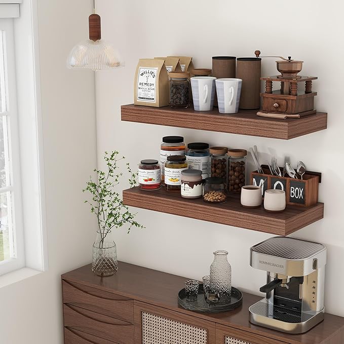 FLYJOE 30 Inch Floating Shelves | 12 Inch Deep Walnut Floating Shelves Set of 2 | 30" W x 12" D Rustic Wood Shelves for Wall | Deep Walnut Shelves for Living Room Bathroom Laundry Room Kitchen