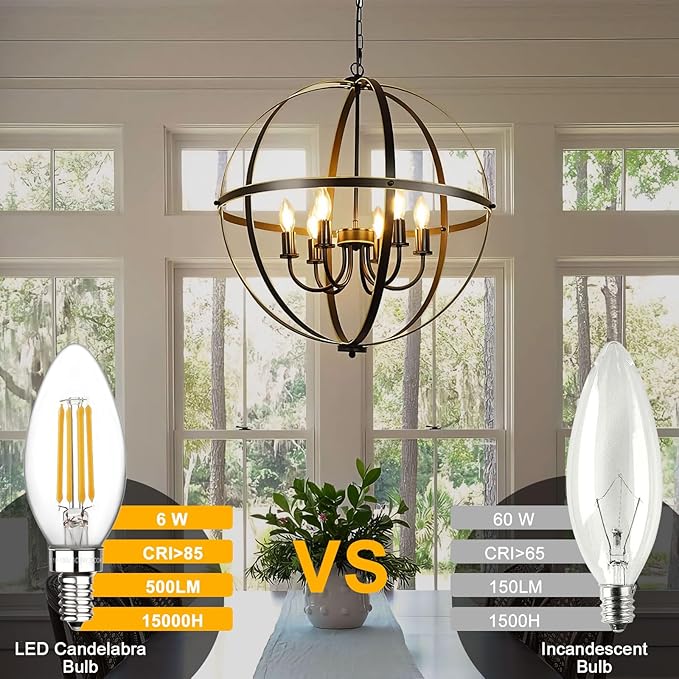 Boncoo E12 Candelabra Bulbs 60 Watt, Chandelier Light Bulbs LED Candle Bulb 3000K Soft White, B11 LED Bulb Dimmable 6W 500 Lumens Filament Decorative Small Base Clear Glass, 6 Pack