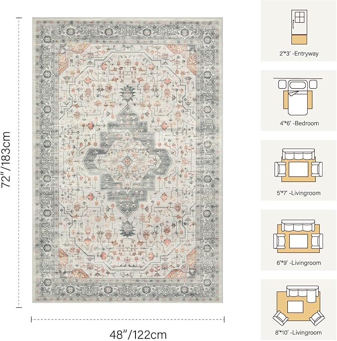 Rugxara Washable Area Rug for Living Room, Vintage Neutral Boho Rugs for Office, Dining Room, Kids Room, Farmhouse, Durable Low Pile Non Slip Carpet for High Traffic Areas, Taupe(4x6ft)