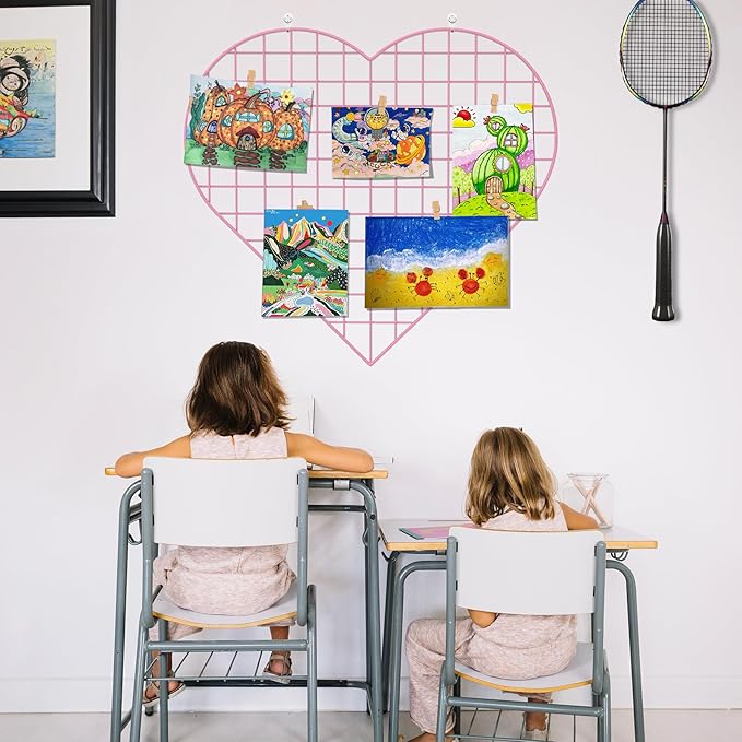 ECLENYES Grid Photo Wall Panels - 22.4"x20.4" Heart Shape Iron Rack Art Wire Board, Wall Grid Organizer, DIY Photo Frame for Home, Office, Kitchen, Bedroom, Christmas Gifts - Pink