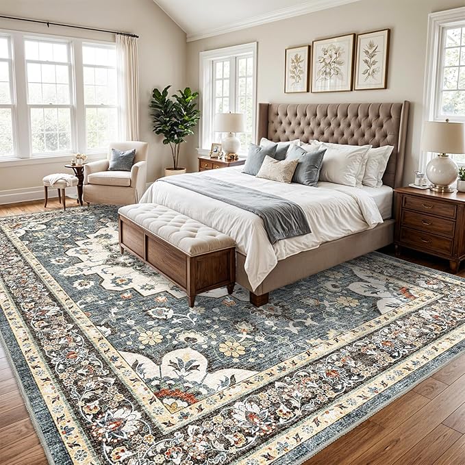 TOPRUUG Washable Oriental Area Rug - 10x14 Rugs for Living Room Soft Carpet for Bedroom Waterproof Floral Distressed Indoor Stain Resistant Non-Shedding Floor Carpets (Blue, 10X14)