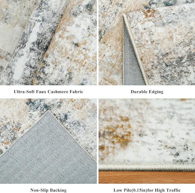 12x12ft Square Living Room Rug – Non-Slip Washable Extra Large Floor Carpet for Bedroom, Dining Room, Playroom Room – Modern Abstract Neutral Thin Low-Pile Big Indoor Rug (Gold Grey)